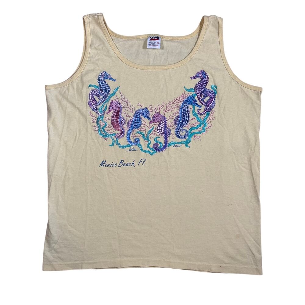 Vtg 1991 Seahorse pink purple blue Mexico Beach Florida yellow XL tank Anvil USA